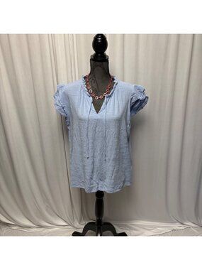 Frye Blouse Womens Size XL Light Blue Ruffles V Neck Flutter Short Sleeve Casual